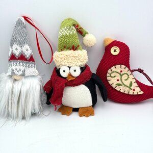 3 Pc Christmas Ornaments Penguin Gnome Bird Knit Felt Embroidery Festive